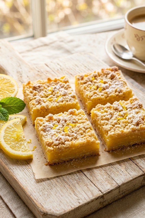 Homemade lemon crumb bars arranged on a serving board with coffee and fresh lemons
