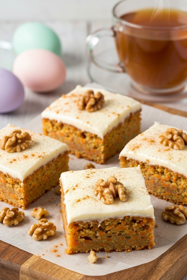 Four carrot cake bars served on wooden board with walnuts and Easter decorations