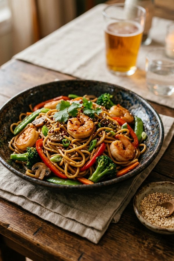 Shrimp stir fry with noodles served in a bowl with chopsticks on linen napkin