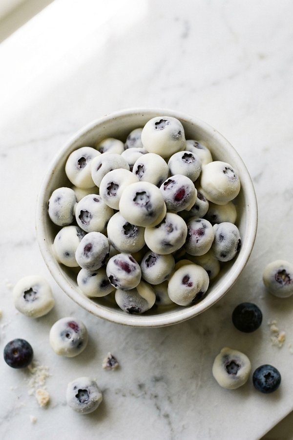 frozen greek yogurt blueberry bites overhead white bowl