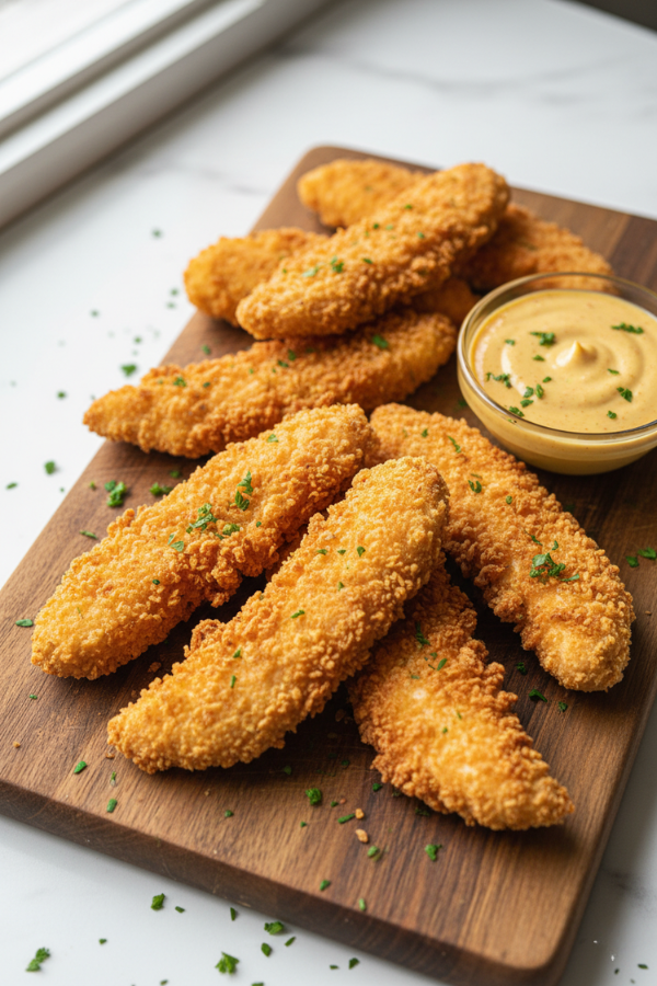 breaded air fryer chicken tenders crispy golden panko wooden board