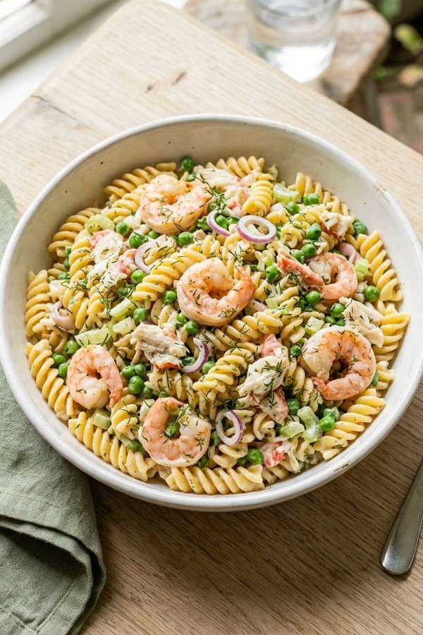 the best seafood pasta salad overhead in white bowl with dill