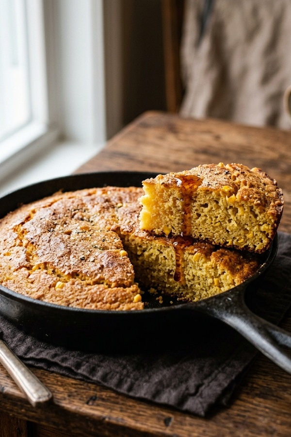 vegan cornbread in cast iron skillet with maple syrup