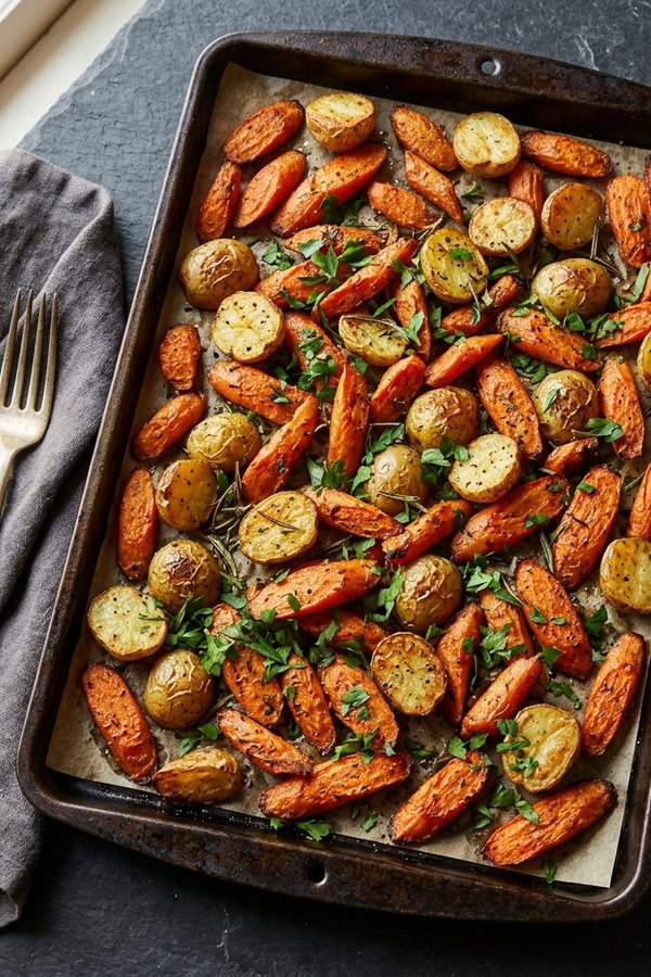 oven roasted carrots and potatoes golden crispy on dark pan
