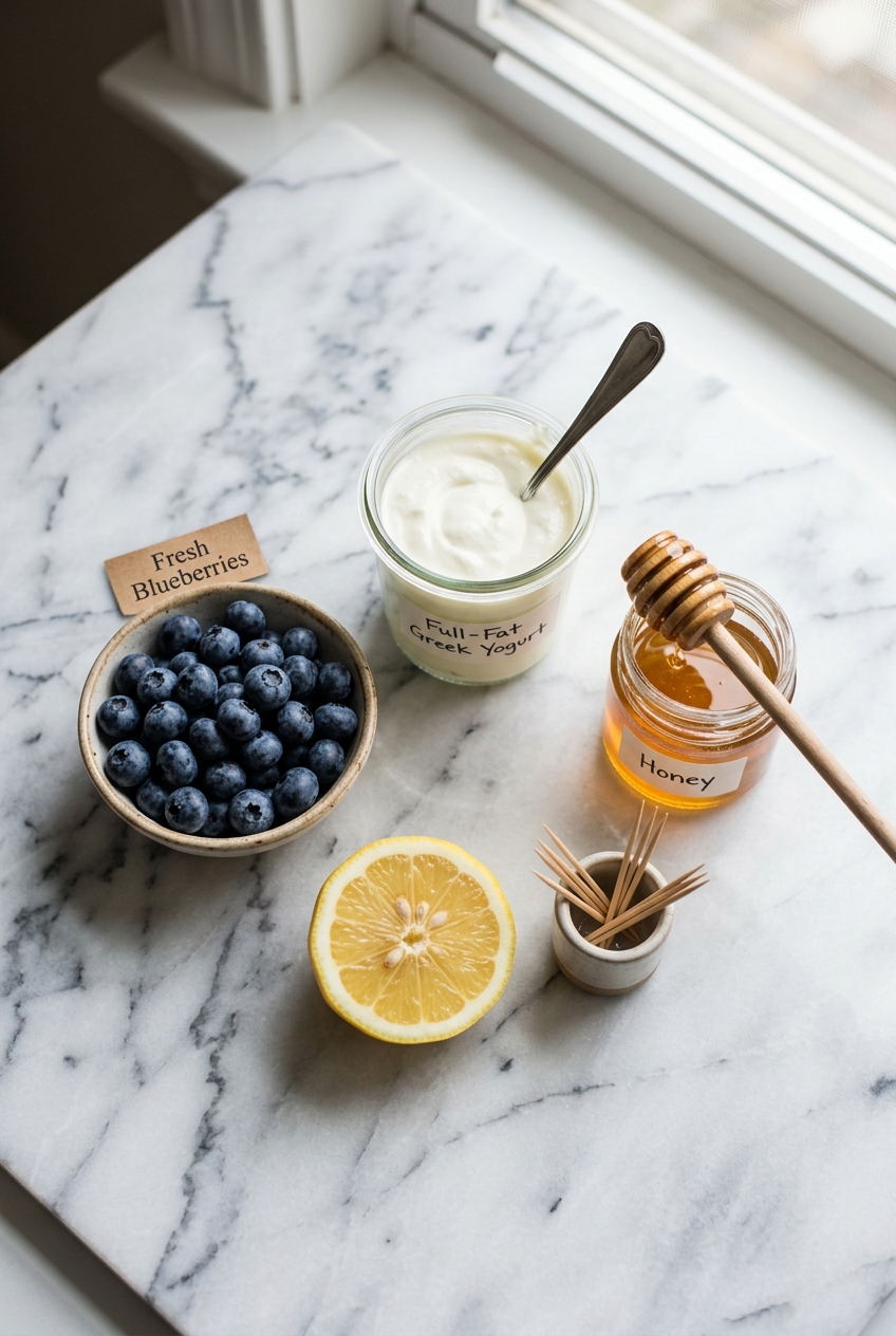 frozen greek yogurt blueberry bites ingredients flatlay