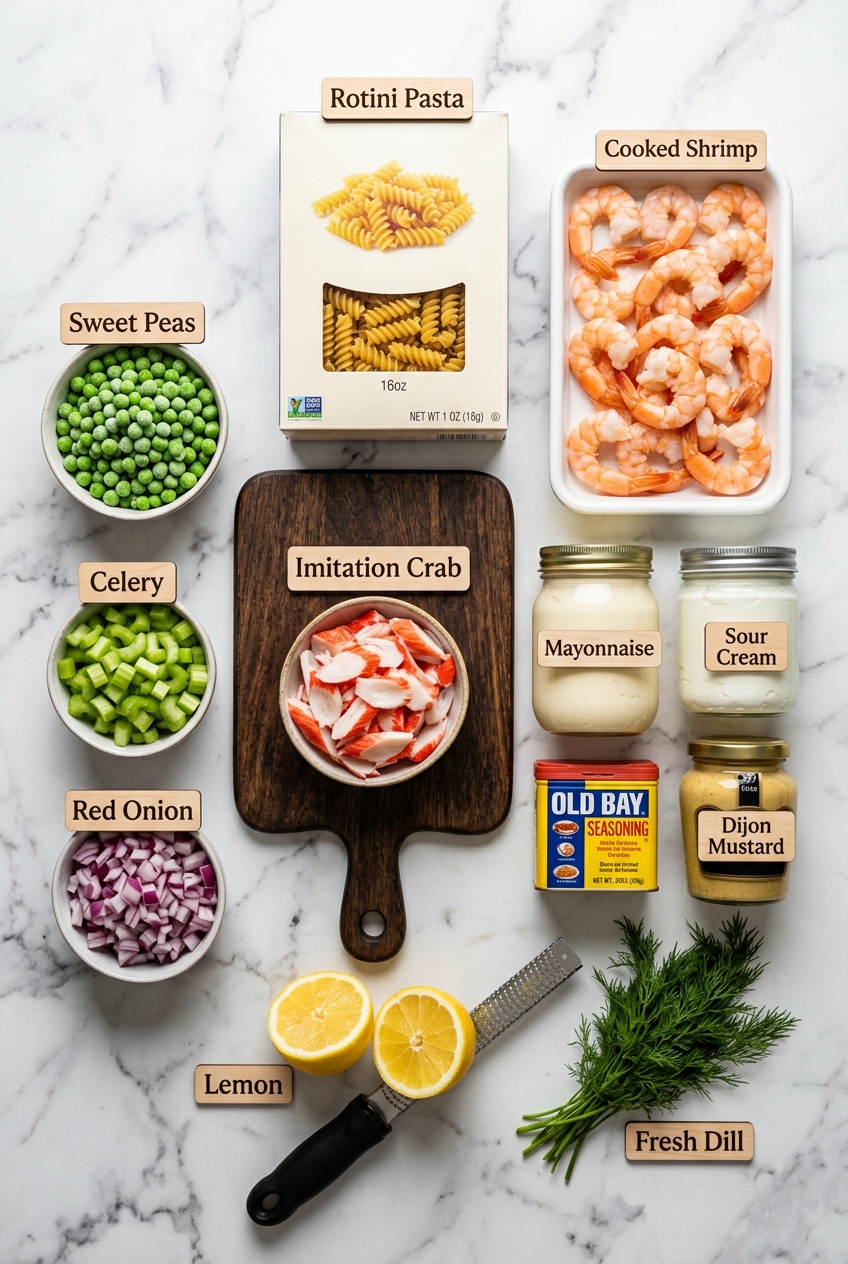 seafood pasta salad ingredients flatlay overhead marble