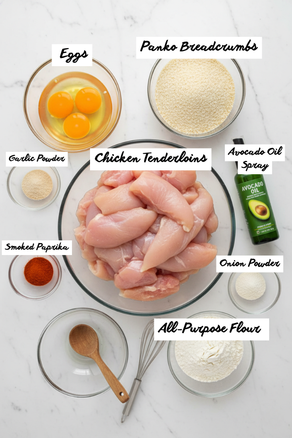 breaded air fryer chicken tenders ingredients flat lay overhead