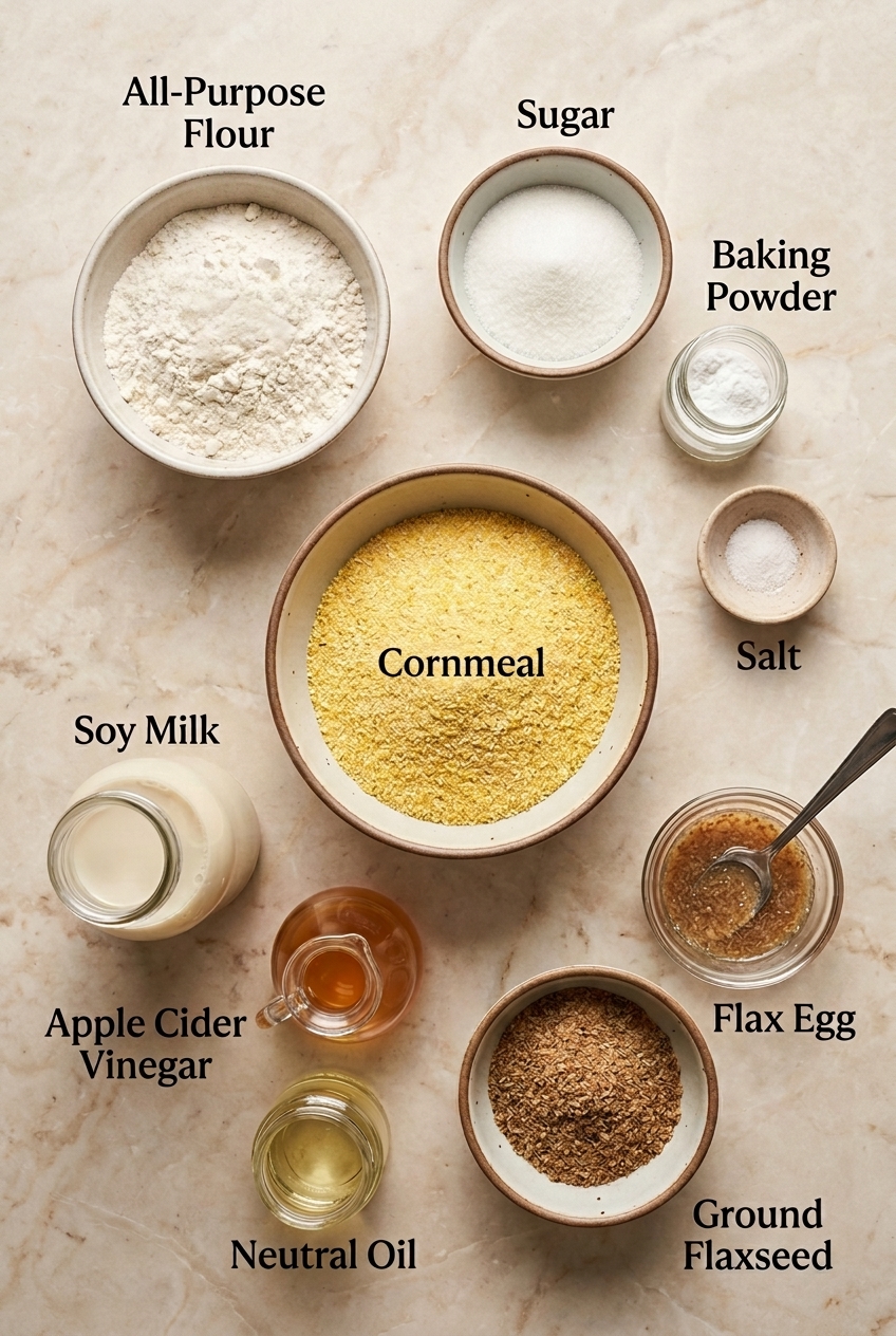 vegan cornbread ingredients flatlay overhead