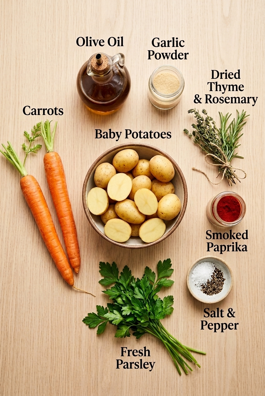 oven roasted carrots and potatoes ingredients flat lay overhead
