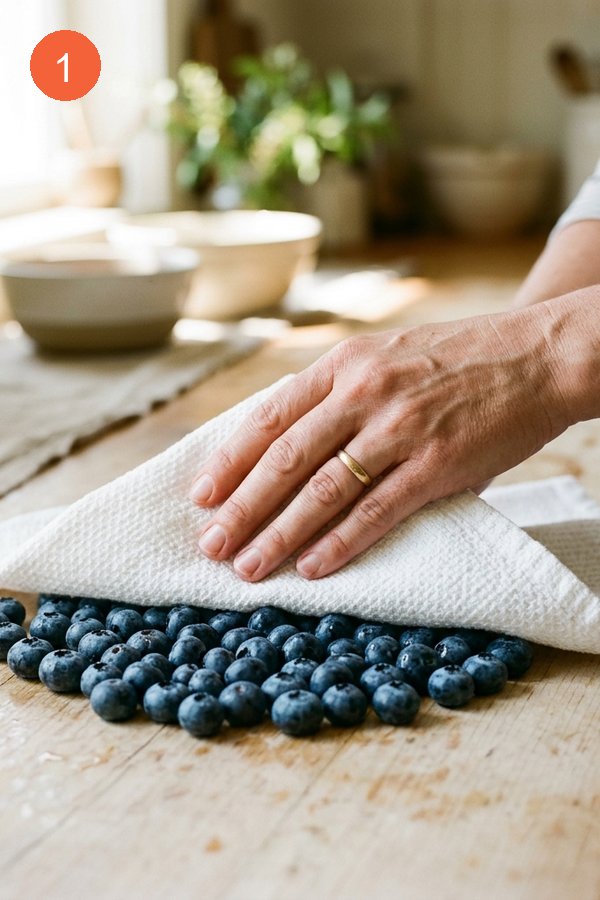 patting fresh blueberries dry on kitchen towel