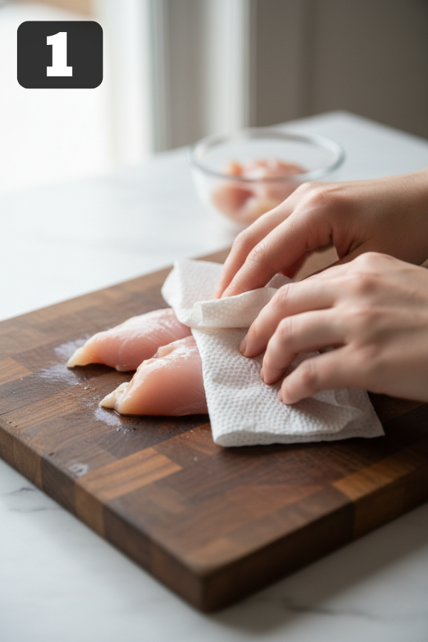 patting chicken tenders dry with paper towels breading prep