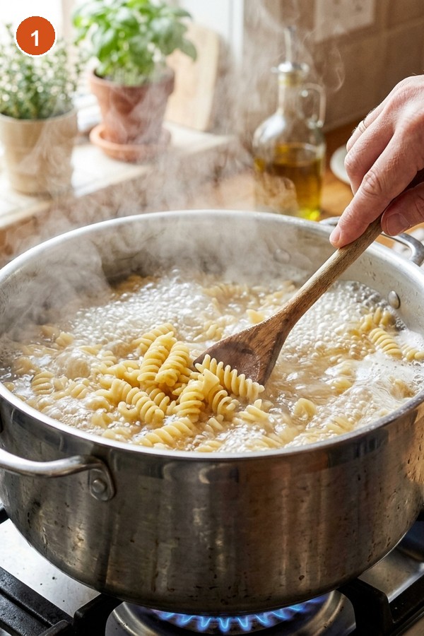 cooking rotini pasta in boiling salted water