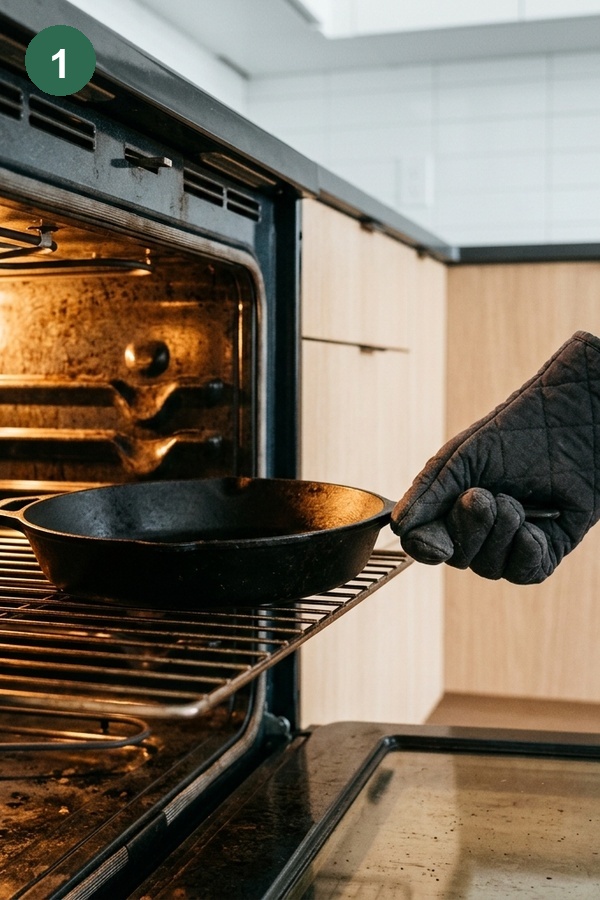 empty cast iron skillet placed in hot oven to preheat