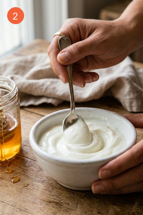 stirring greek yogurt with honey in small white bowl