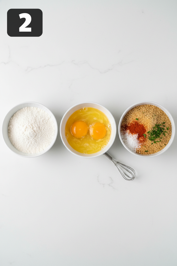 three bowl breading station flour egg panko for chicken tenders