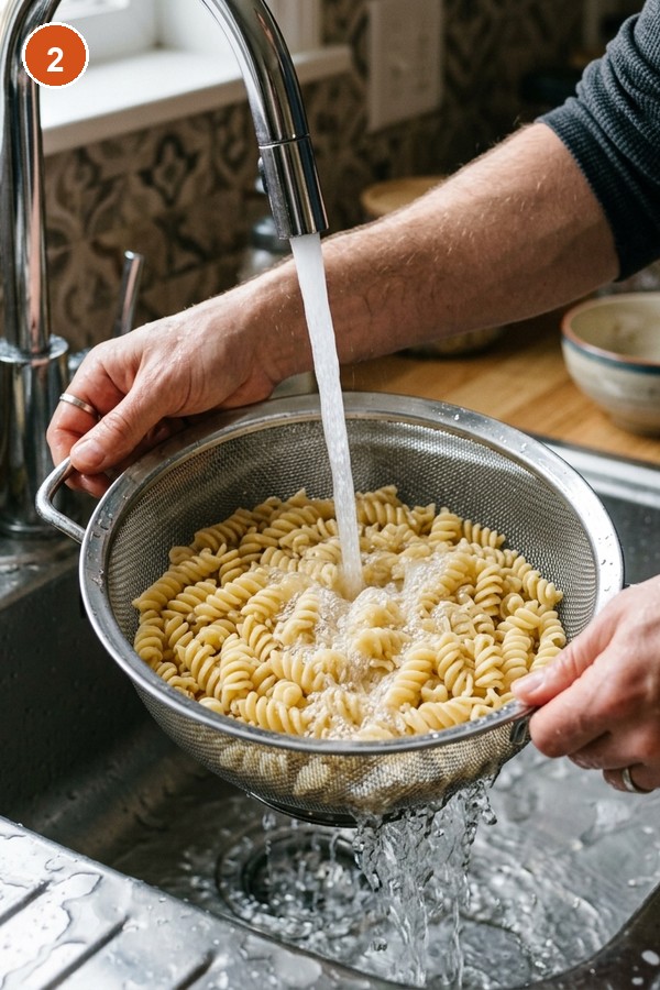 rinsing rotini under cold water to stop cooking cold-shock technique