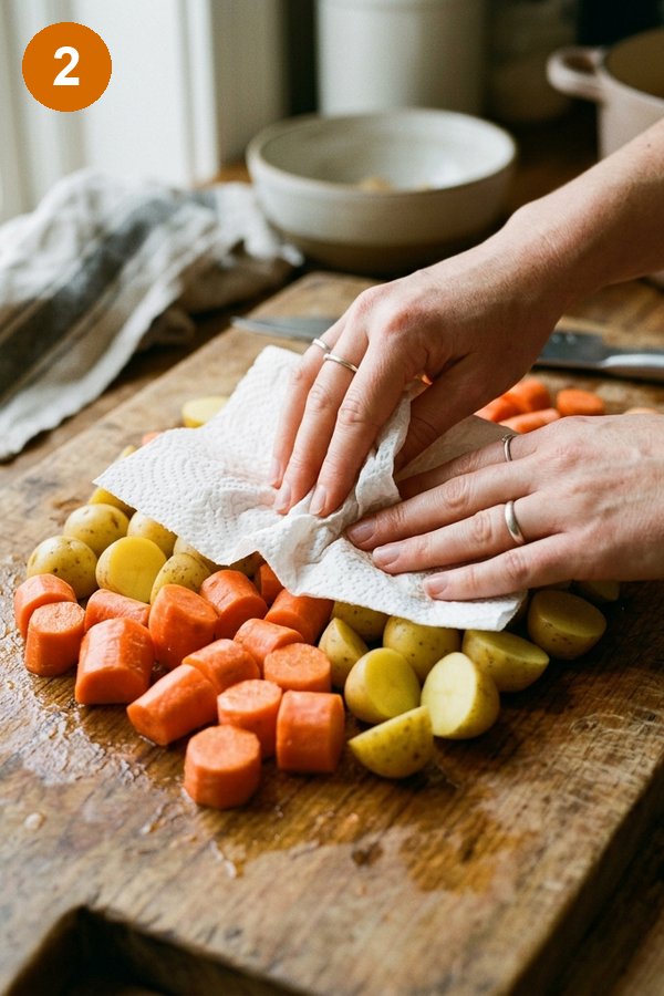 patting carrots and potatoes dry with paper towels before roasting