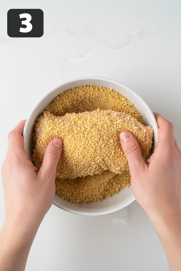 pressing breaded chicken tender into panko coating both hands