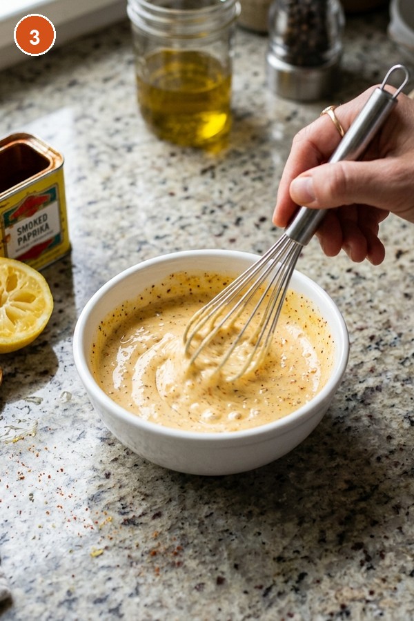 whisking Old Bay creamy dressing in white ceramic bowl