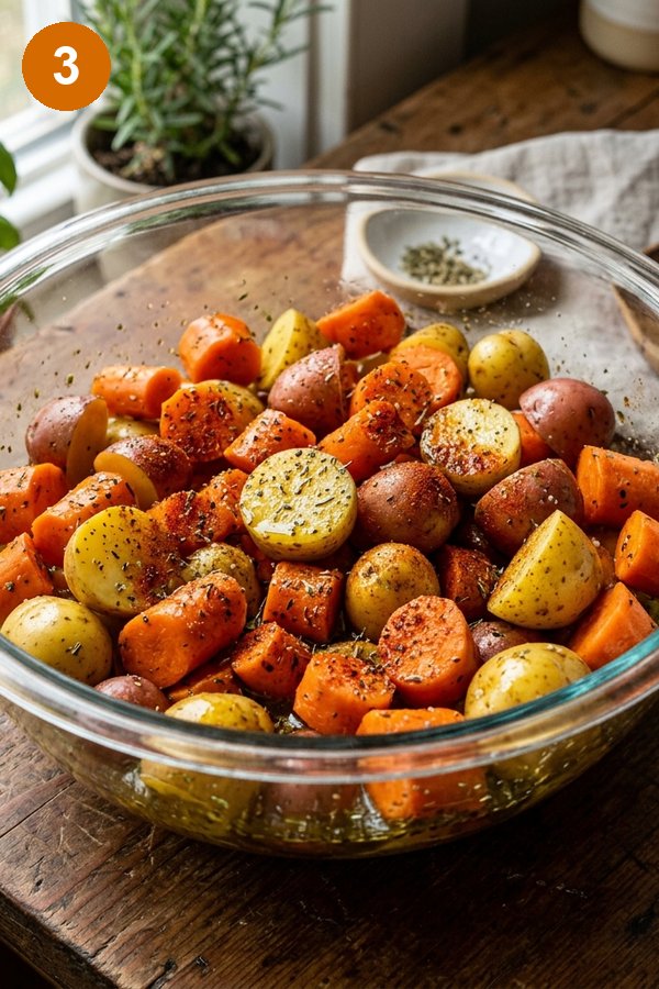 seasoning carrots and potatoes with herbs and olive oil in bowl