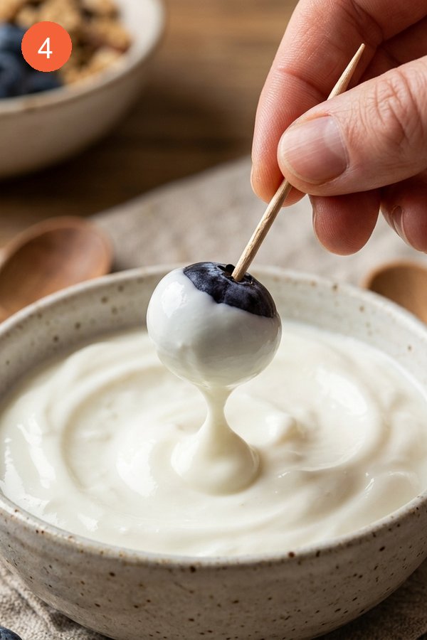 dipping blueberry into greek yogurt with toothpick