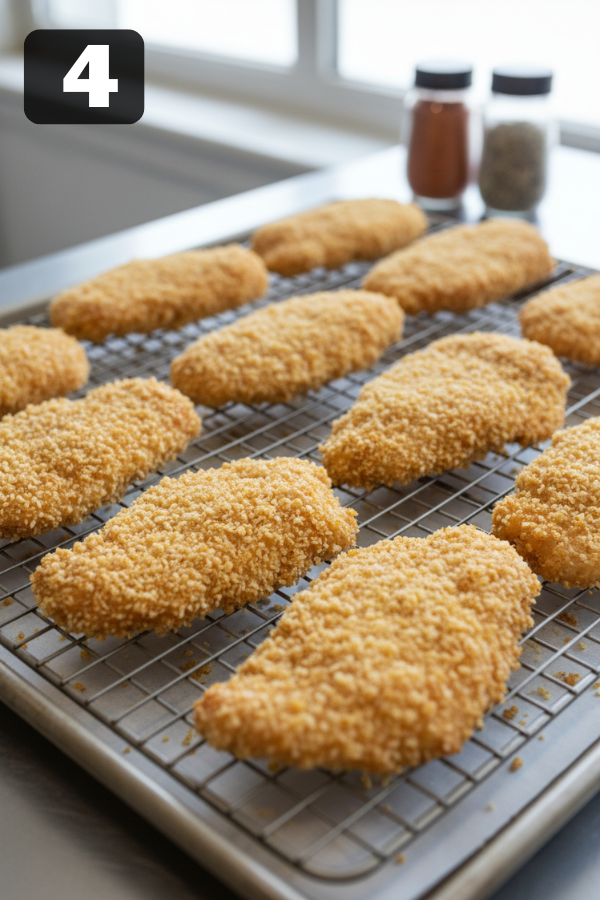breaded chicken tenders resting on wire rack before air frying
