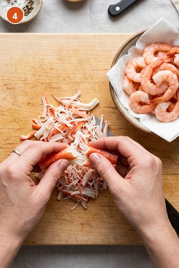 shredding imitation crab next to bowl of cooked shrimp