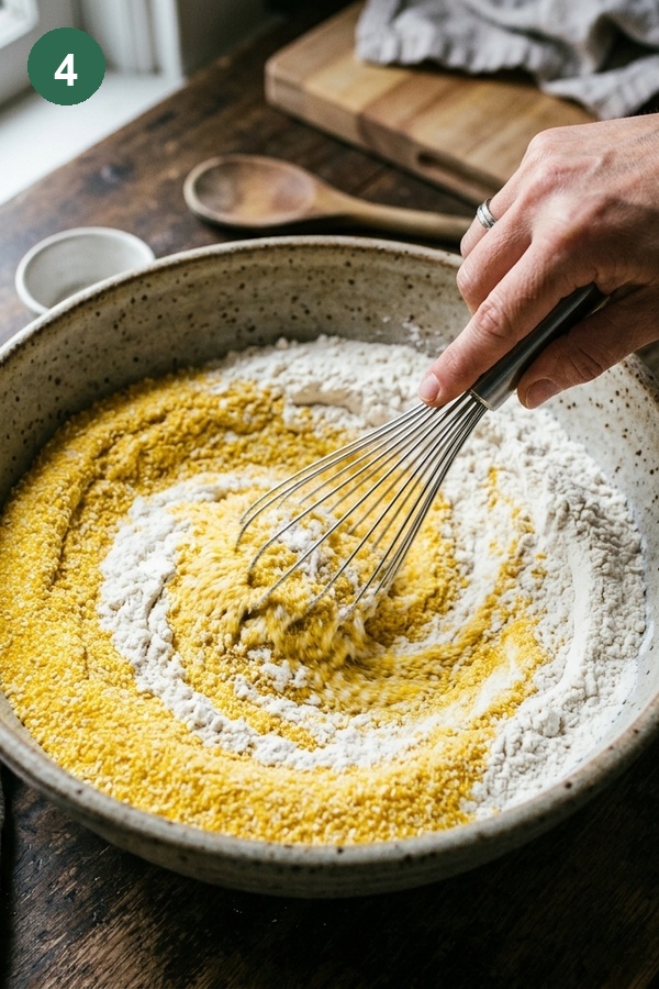 cornmeal and flour whisked together in large bowl