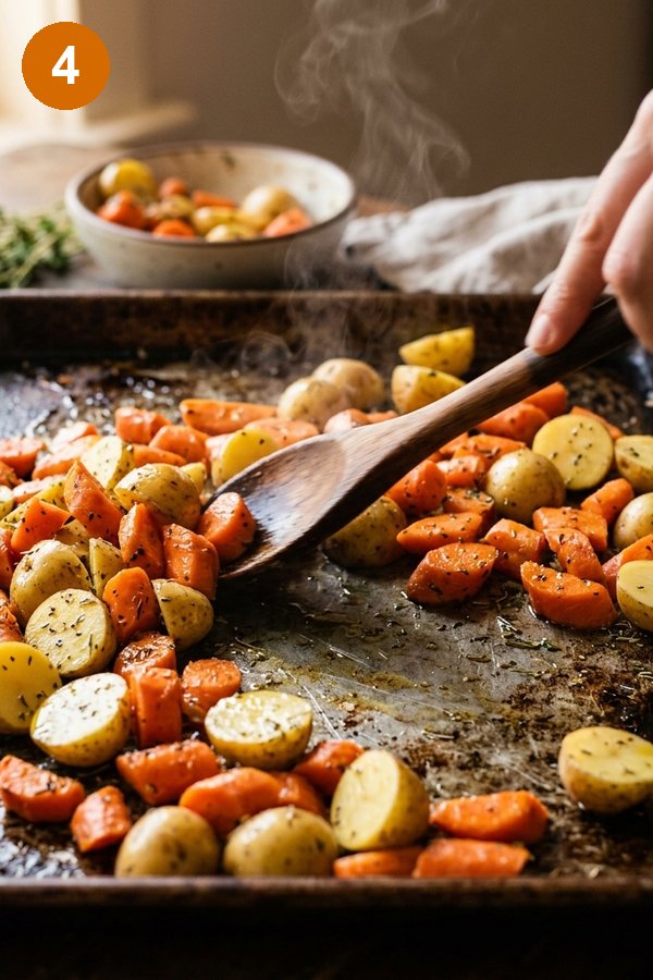 spreading seasoned vegetables on preheated hot baking sheet