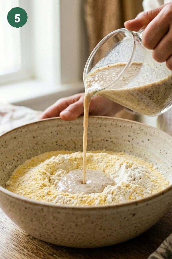 pouring wet ingredients into dry cornbread batter bowl