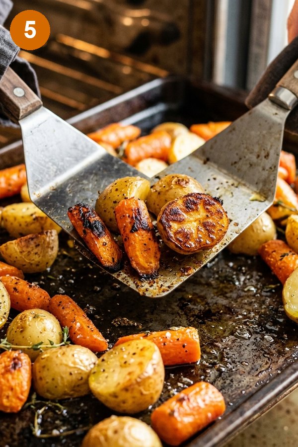 flipping roasted carrots and potatoes halfway through cooking