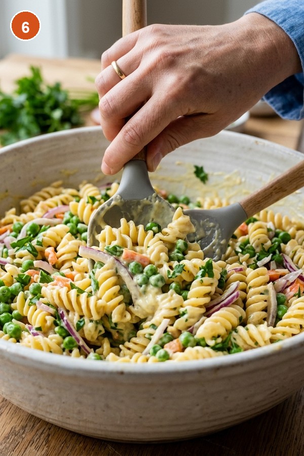 tossing seafood pasta salad with creamy Old Bay dressing