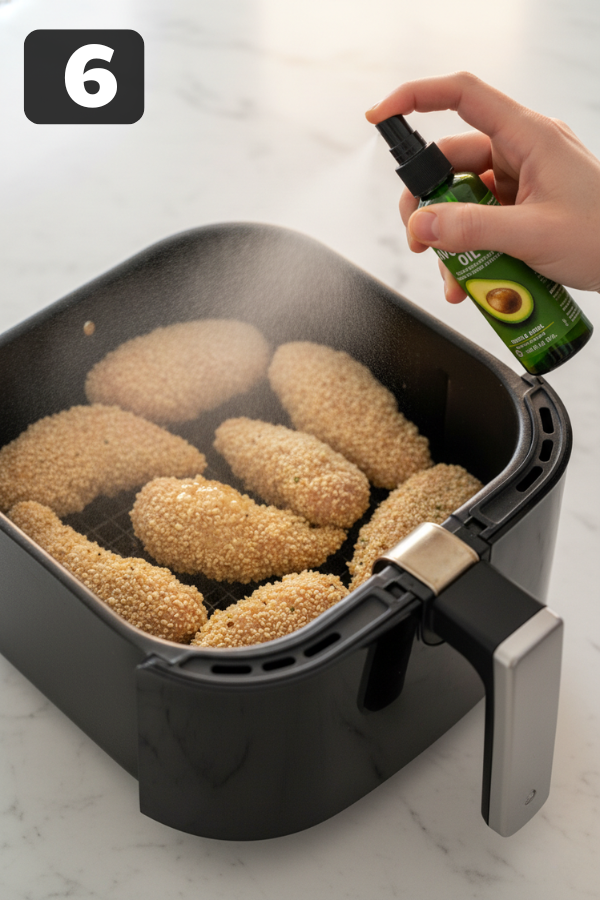 spraying oil on breaded chicken tenders in air fryer basket single layer