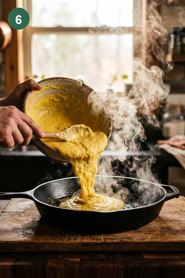 cornbread batter poured into sizzling hot cast iron skillet