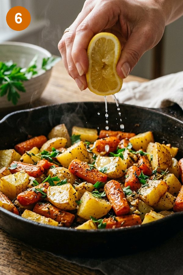 squeezing lemon over freshly roasted carrots and potatoes