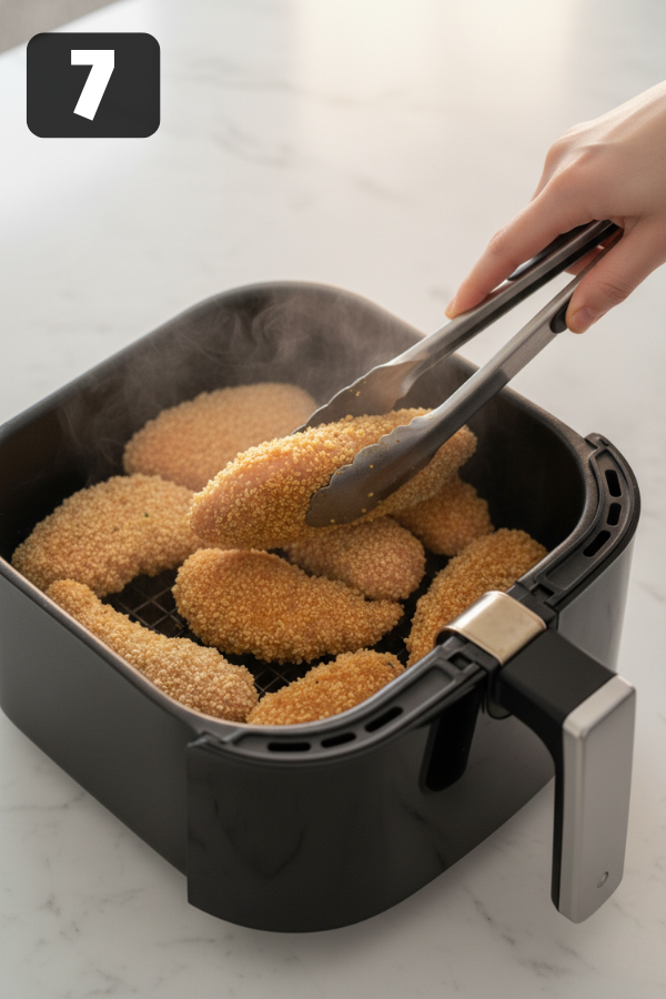 golden crispy breaded chicken tenders in air fryer basket cooked 165F