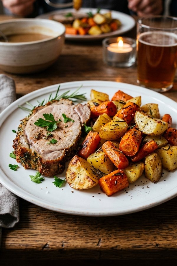 oven roasted carrots and potatoes on plate with roast pork dinner