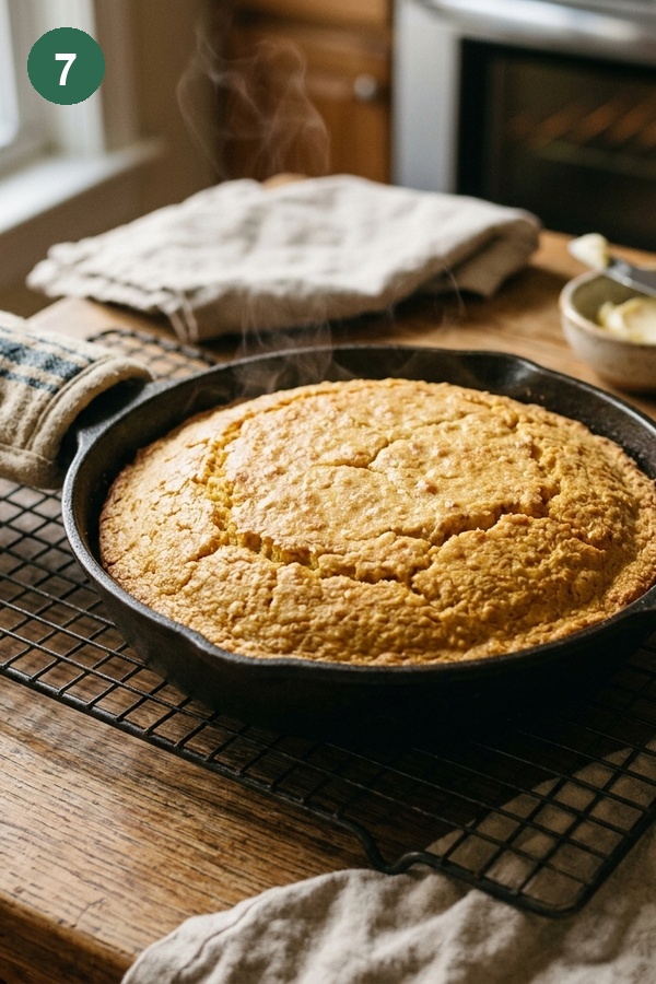 freshly baked golden vegan cornbread cooling on rack
