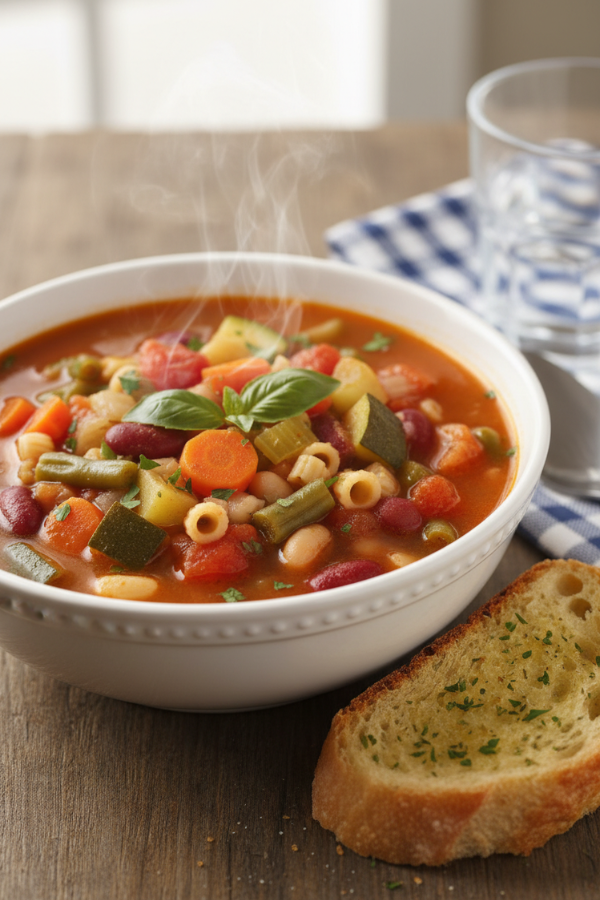 Copycat Olive Garden Minestrone Soup with vegetables, beans, pasta, and tomato broth