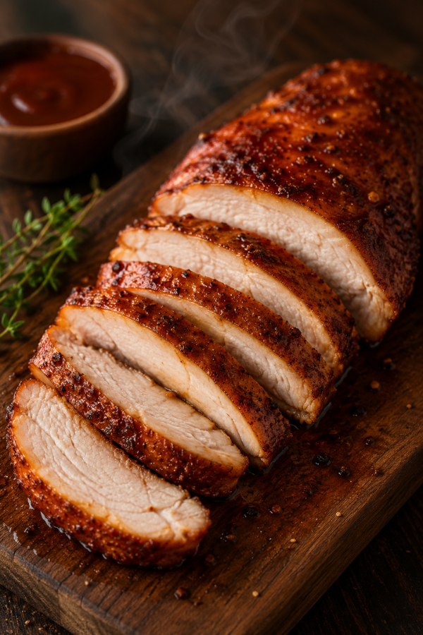 Easy and juicy smoked chicken breast sliced on a wooden board with smoky flavor
