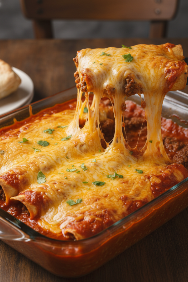 Ground Beef Enchiladas With Red Sauce baked with melted cheese