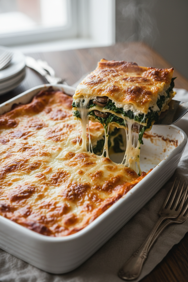 Easy creamy spinach and mushroom lasagna recipe with golden cheese topping