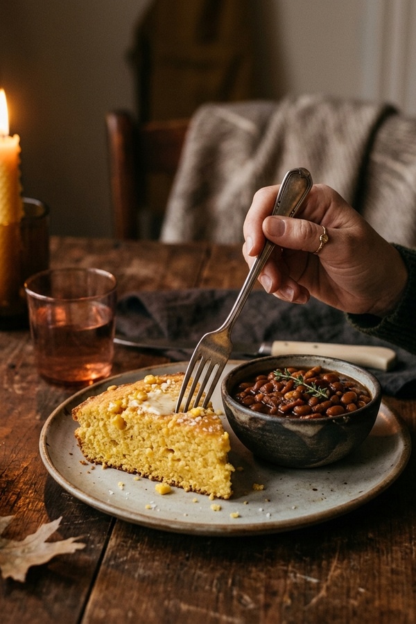 vegan cornbread served with baked beans lifestyle