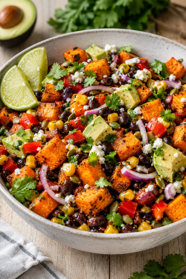 Roasted Sweet Potato Black Bean Salad bowl with healthy vegetarian meal prep ingredients