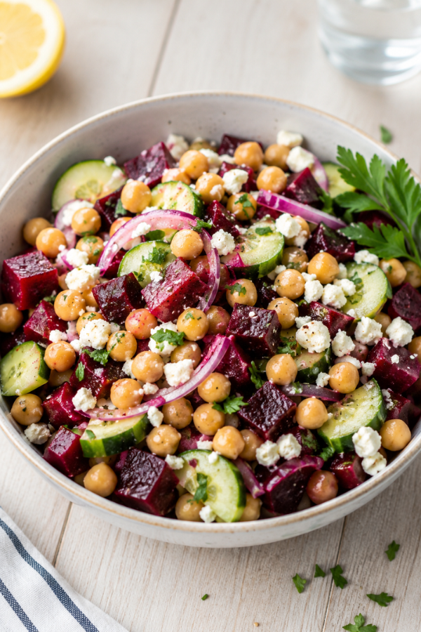 Zesty Chickpea Beet Feta Salad in a bowl with vibrant beets, chickpeas, feta cheese and lemon garlic dressing, fresh and colorful healthy meal