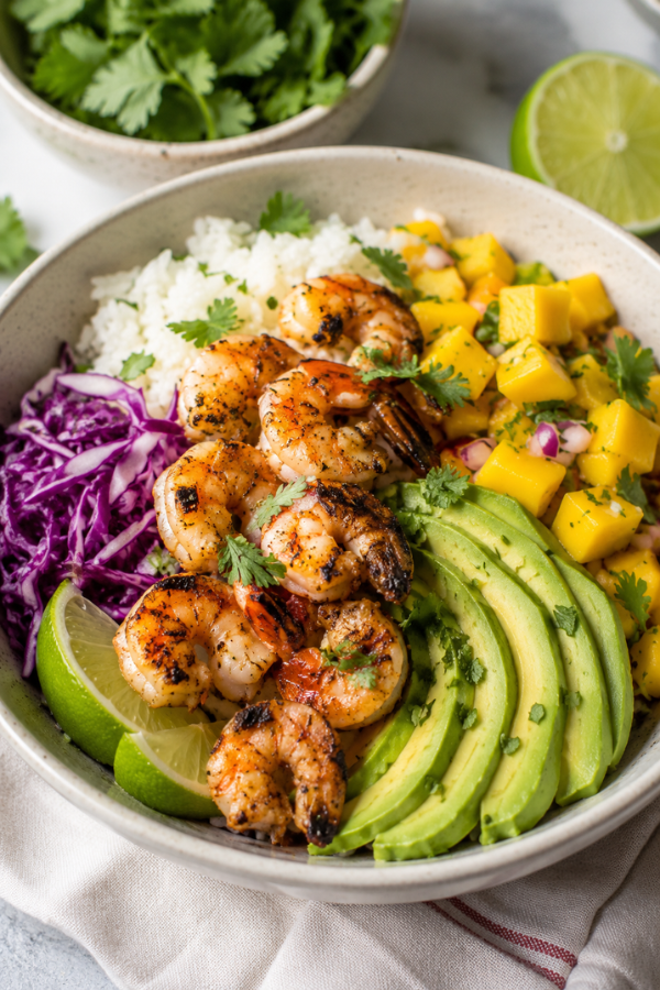 Healthy grilled shrimp and avocado bowls with mango salsa, rice, cabbage, lime, and chili-lime sauce in colorful dinner bowls.