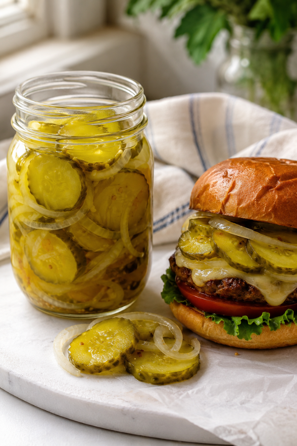 Homemade bread and butter pickles in glass jars with sweet tangy cucumber slices, onions, and golden brine for canning