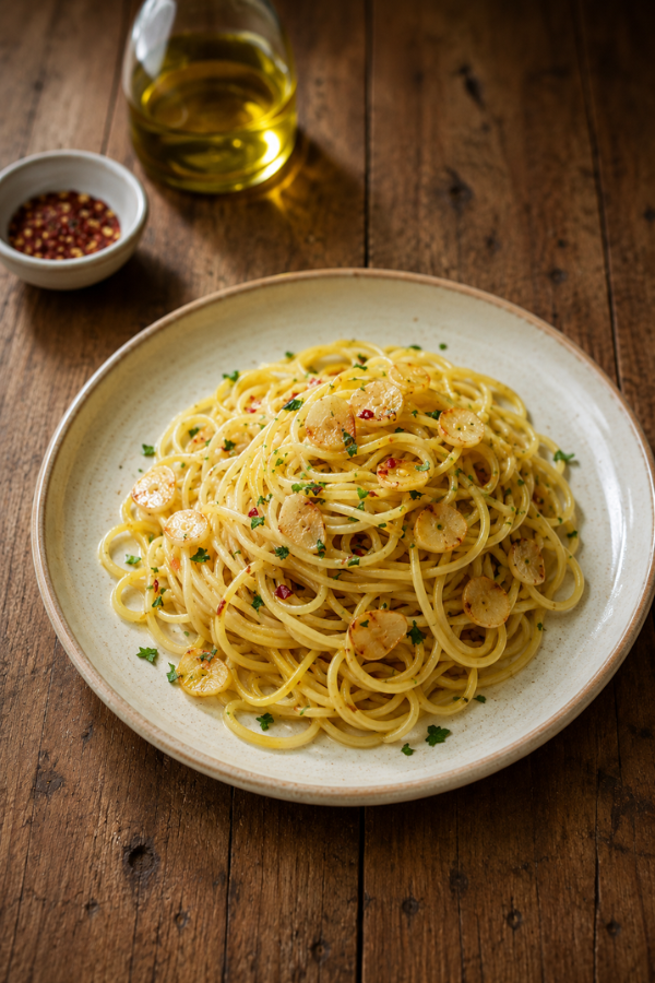 Spaghetti Aglio e Olio Recipe served with garlic, chili flakes, parsley, and olive oil
