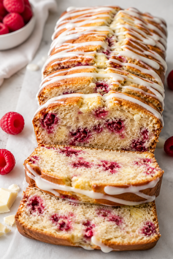 White Chocolate Raspberry Loaf Cake with golden crust, pink raspberry pockets and white chocolate drizzle on top, sliced on a wooden board in natural light