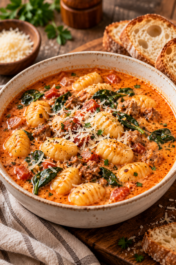 Creamy Italian Sausage Gnocchi Soup with spinach, Parmesan, and tender potato gnocchi